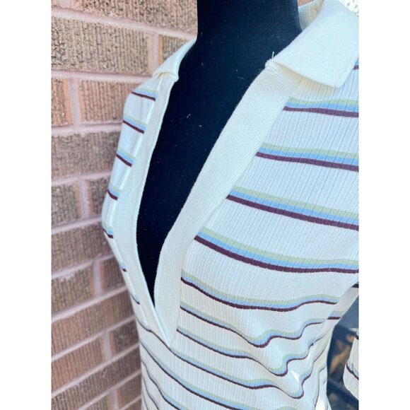 Free People Striped Ribbed V-Neck Polo Shirt With Short Sleeves.Size Small - Picture 4 of 14